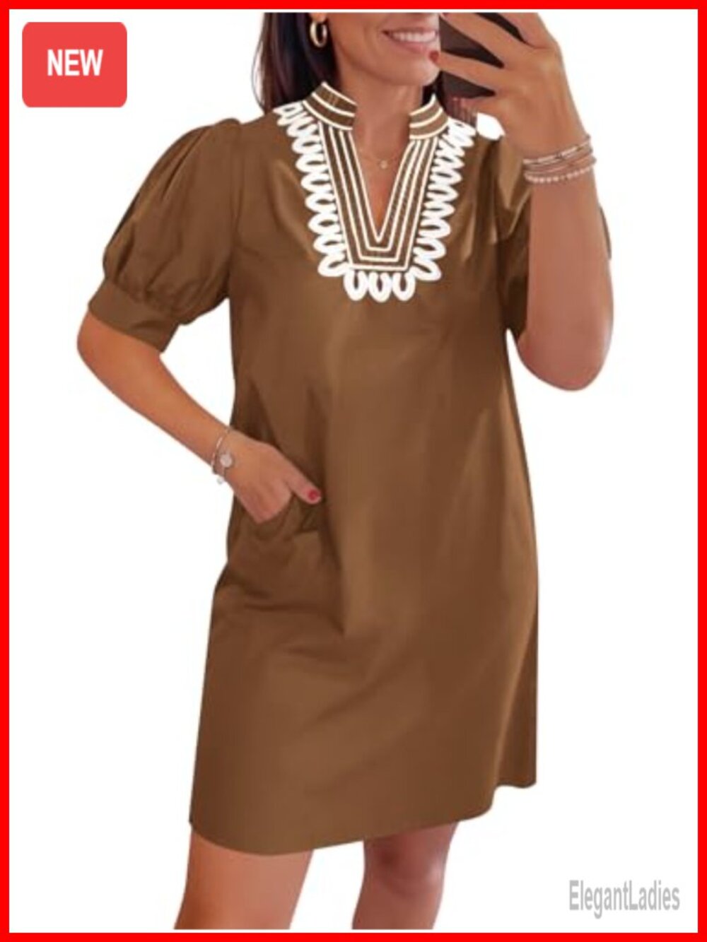 Wenrine Women's Summer Shift Dress Puff Short Sleeve Embroidered Mini